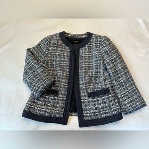 Cute Talbots Tweed Blazer with Denim Banding and brush fringe trim